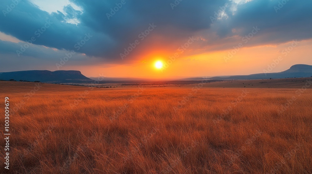 Poster A large field of dry grass with a sun setting in the background