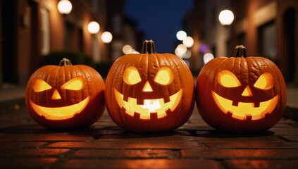 Fototapeta premium Three humorously-carved pumpkins illuminate a spooky night scene with a blurry city backdrop - perfect for a festive Halloween party setting