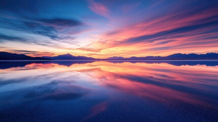 The Salar de Uyuni salt flats in Bolivia showcase a stunning sunset, where vibrant colors blend beautifully in the sky and reflect on the tranquil water, creating a serene atmosphere