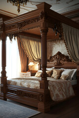 Fototapeta premium Luxurious Baroque-Style Bedroom with Ornate Wooden Bed and Chandelier