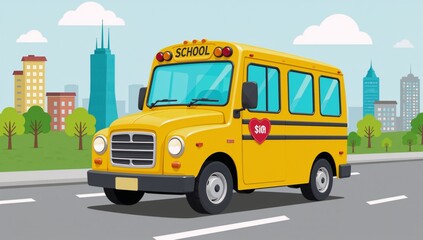 A cute little mini-D school bus explores a cartoon-style urban setting