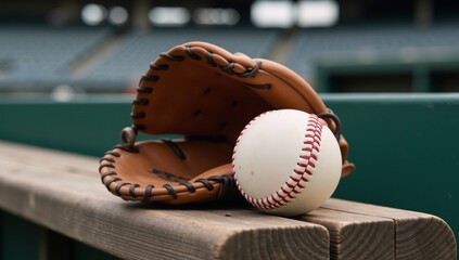 Baseball glove  ball resting on a bench amidst blurry stadium seats