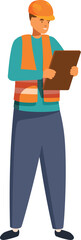 Construction manager wearing orange vest and hardhat holding clipboard, inspecting building site