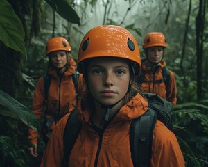 Fototapeta premium Intrepid Jungle Explorers Close-up Trio in Orange Hard Hats Facing Camera in Lush Wild Setting - Adventure Travel Concept