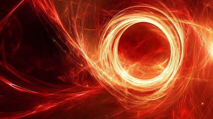 Luminous red lines curve and intertwine, creating an ethereal display. A circular frame glows amidst an abstract backdrop of swirling light. A mesmerizing portal of glowing red emerges