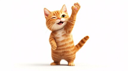 Obraz premium Adorable cat smiling and giving a high five on white background
