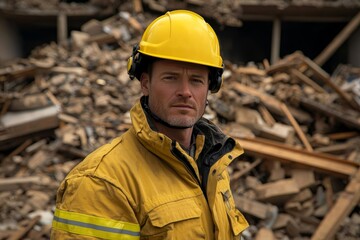 Intrepid Emergency Responder in Yellow Hardhat amidst Debris, Urgent Rescue Mission Concept, Realistic Disaster Scene of Determination and Danger