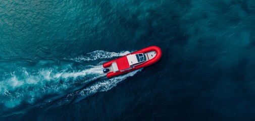 Dynamic Aerial View of Red and White Rigid Inflatable Boat Speeding on Deep Blue Water - Adventure and Freedom Concept