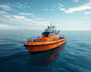 Fototapeta premium Vibrant Orange Rescue Boat Sailing on Tranquil Blue Sea - Heroic Maritime Rescue Concept