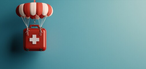 Playful Safety Red First-Aid Kit Parachuting in Mid-Air Against Blue Wall - Creative Healthcare Concept for Reassurance and Preparedness