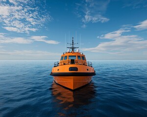 Fototapeta premium Vibrant Orange Pilot Boat on Serene Blue Seascape - Marine Navigation Concept