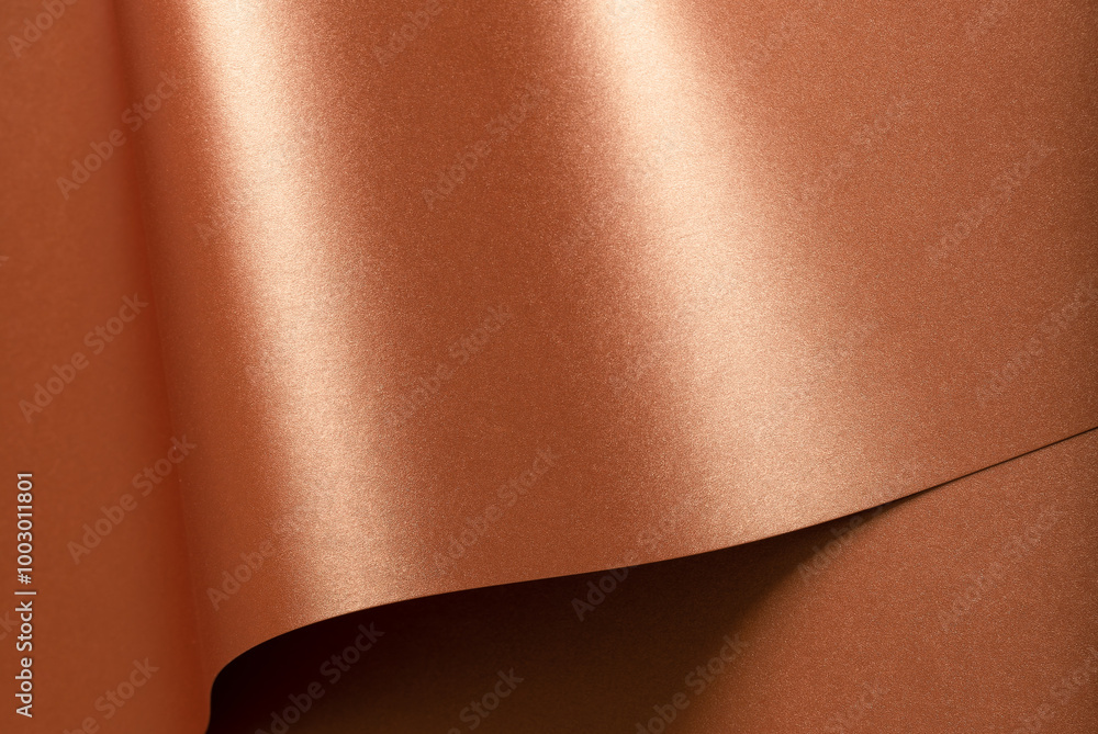 Poster Copper metallic texture with glossy, reflective folds. Designer paper with a smooth, shiny surface and subtle curves. Decorative and minimal with a modern aesthetic, highlighting