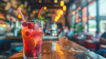 Refreshing Berry Cocktail with Mint Garnish in a Cozy, Ambient Bar Setting