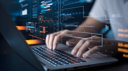 Programmer Working on Laptop with Code and Data Visualization