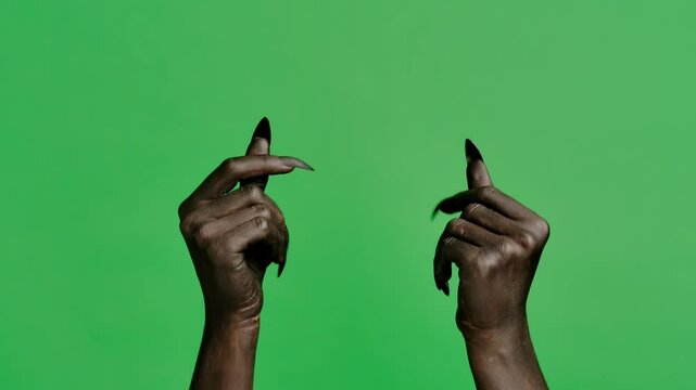 Creepy halloween devil monster hand in black paint with black nails flicking finger on both hands isolated on chroma key green screen background, workspace mockup.