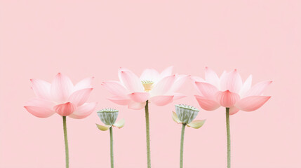 Delicate pink lotus flowers with soft petals create serene atmosphere