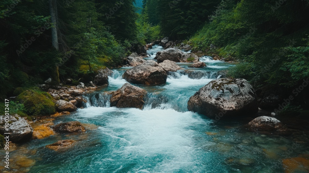 Poster a clear mountain stream cascades over smooth stones, creating ripples of water while surrounded by v