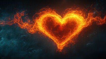 Fototapeta premium A fiery heart shape burns brightly against a dark background, symbolizing passion and intensity.