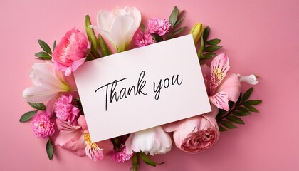 floral thank you card mockup vibrant bouquet on pink background