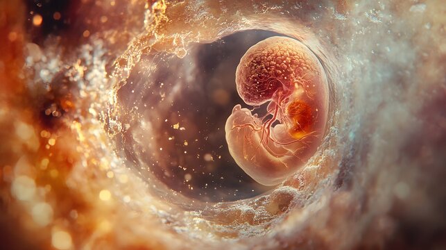 Embryonic development in the womb, glowing abstract background.