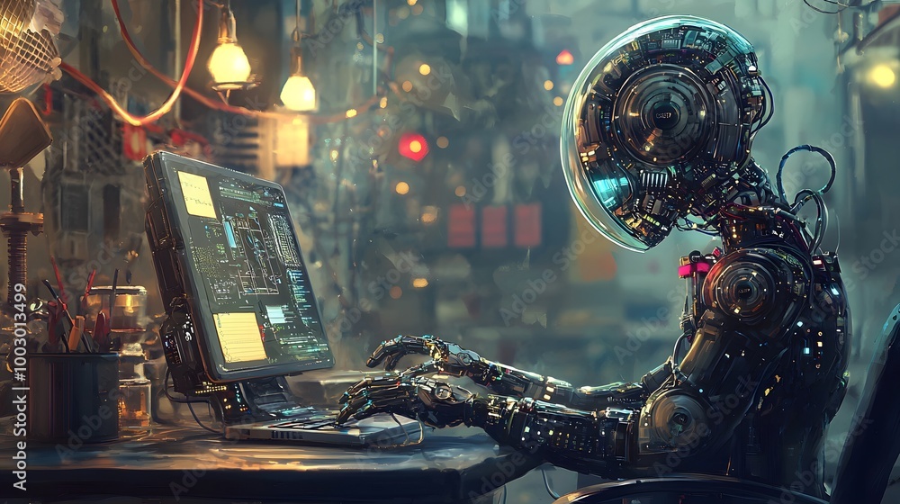 Poster Futuristic robot interacting with a computer, dark ambient setting.