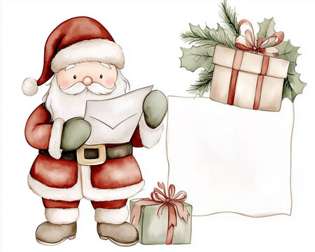 santa claus reading letter, gifts, watercolor clip art preview