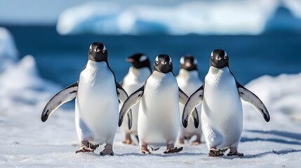 Obraz premium Group of penguins walking on icy terrain, white isolate background