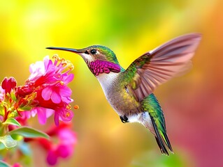 Hummingbird hovering near vibrant pink flowers, colorful background.