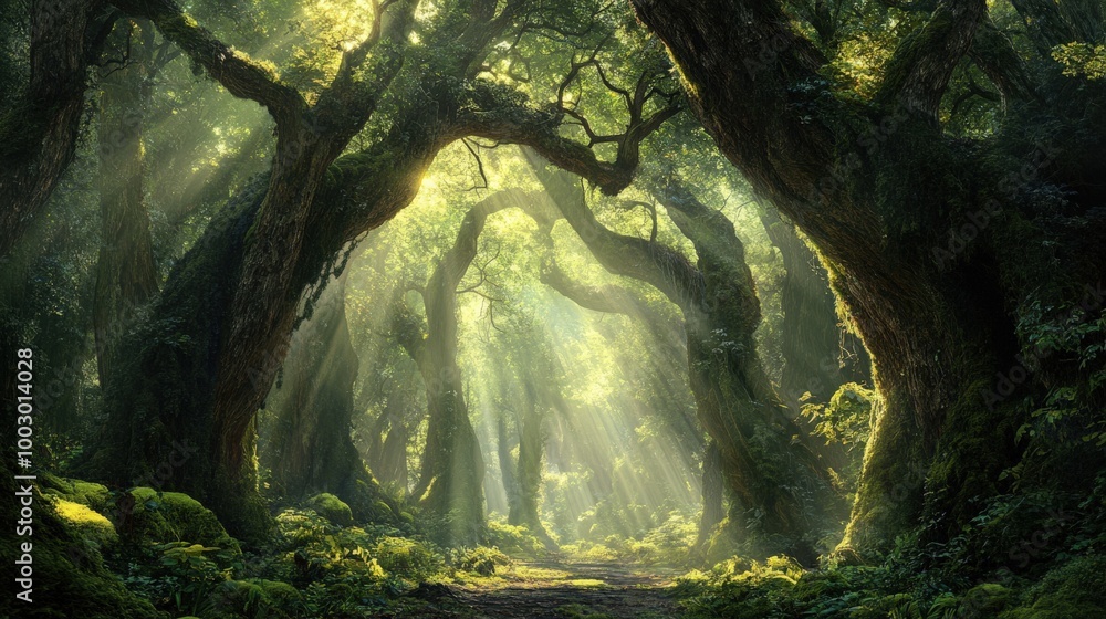 Poster a serene ancient forest showcases towering trees with thick trunks, their branches intertwined. sunl