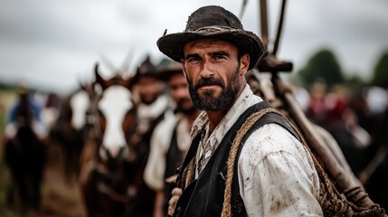 Fototapeta premium A rugged farmer, wearing traditional attire, stands prominently in front of a line of horses, showcasing a timeless and rustic rural lifestyle moment captured.