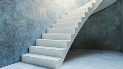 White stairs spiral upward in a modern interior, accentuated by textured blue walls.
