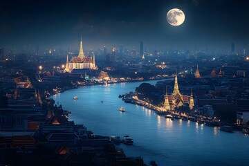 Fototapeta premium Cityscape of Bangkok at night with bright moon and river view.