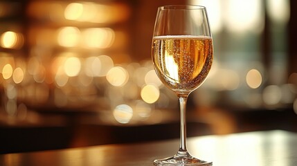 A sparkling glass of champagne against a softly lit restaurant backdrop during early evening
