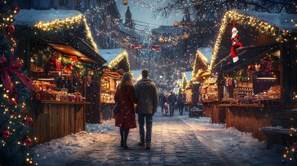 Naklejka premium Couple walking through a festive Christmas market at night.