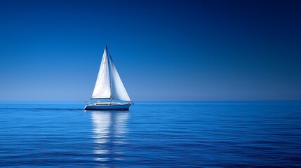 Obraz premium A sailboat glides peacefully over the calm, blue ocean under a clear sky.