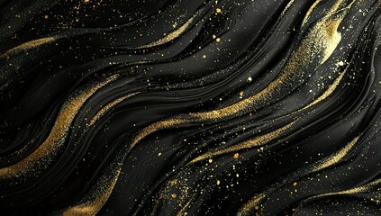 Black and gold abstract background with golden brush strokes, waves of thick...