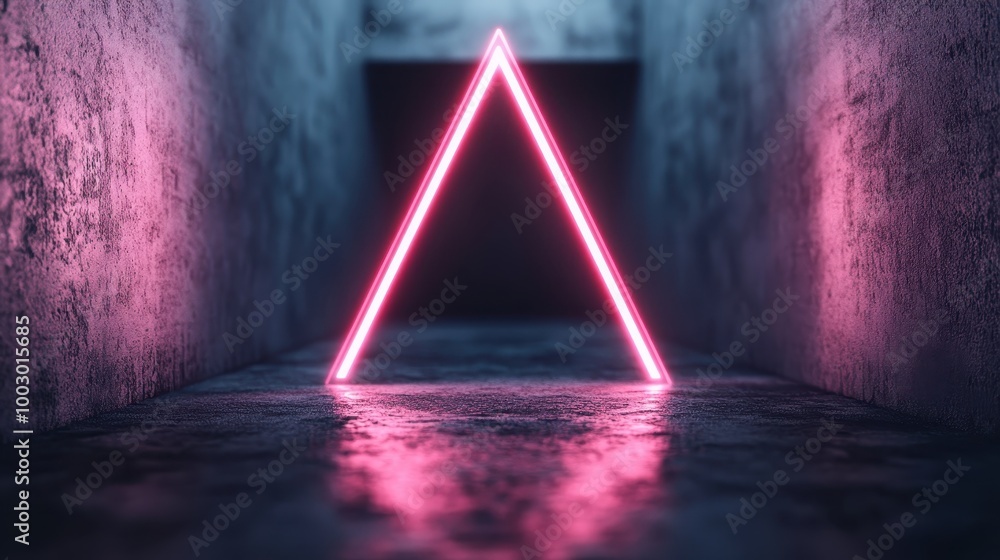 Poster a striking image of a neon triangle glowing vividly at the end of a dark, enigmatic passage, creatin