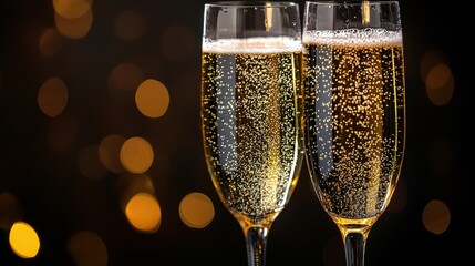 Two sparkling champagne flutes raised together in celebration during a festive evening with warm golden lights in the background