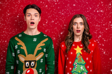 Photo of excited impressed best friends dressed x-mas jumpers open mouths big eyes isolated red color background
