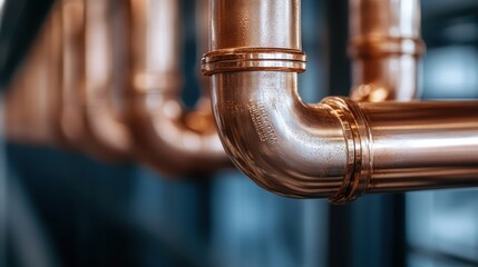 Detailed close-up of copper pipes in an industrial setting, highlighting their polished texture and intricate curves, representing the beauty of modern craftsmanship.