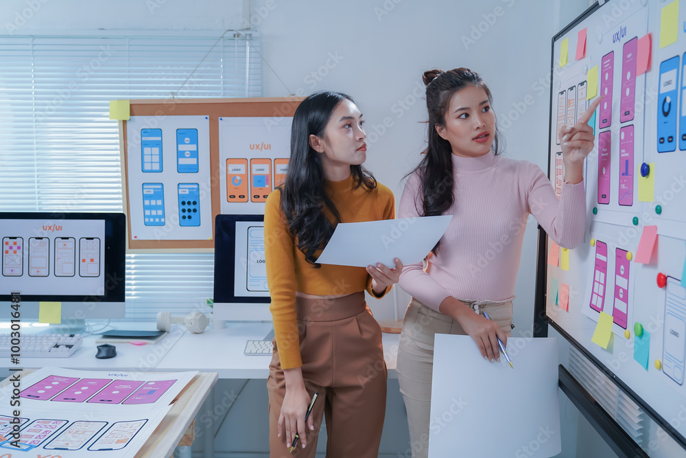 Wall mural two female ui/ux designers collaborating on a mobile app interface project in an office, discussing 