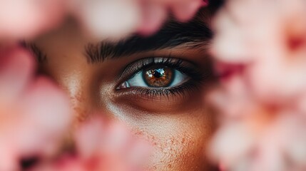 A close-up of a mesmerizing eye peering through vibrant pink blossoms, capturing a sense of mystery and beauty with an artistic focus on vivid details and emotions.