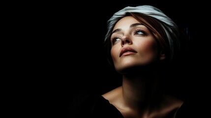 Fototapeta premium A captivating portrait of a woman wrapped in a soft white scarf, dramatically lit from the side, emphasizing her delicate features and expressing introspection.