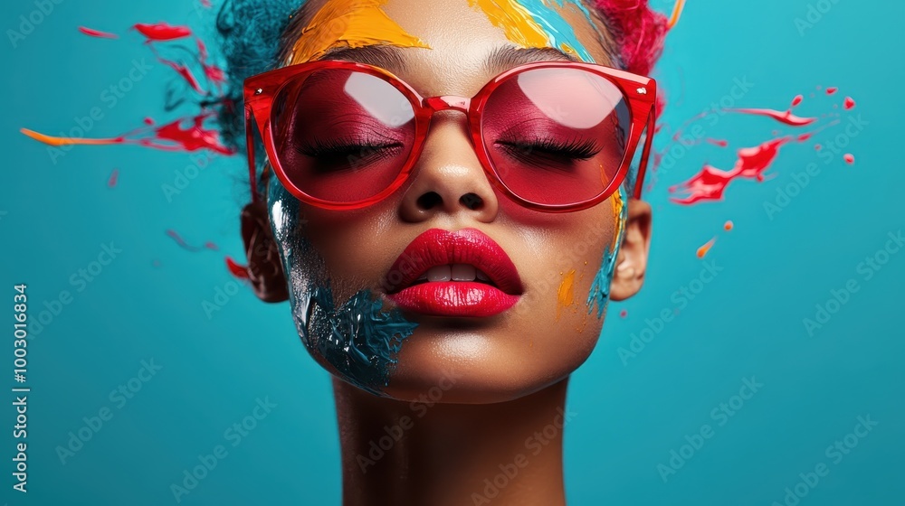 Poster A mesmerizing artistic image featuring a model with red sunglasses and colorful paint splatters on the face, symbolizing creative freedom and vivid self-expression.