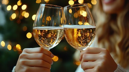 A joyful celebration with champagne glasses clinking together in front of a sparkling Christmas tree in a festive living room