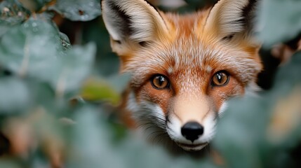 Fototapeta premium A red fox peeks through dense green foliage, its bright eyes alive with curiosity and intelligence, embodying the spirit of the wild and natural world.