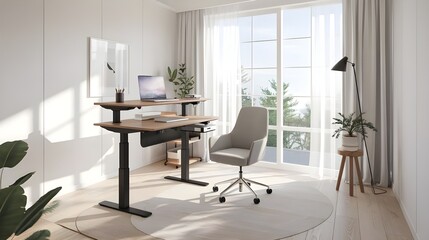 Modern Home Office Desk with Standing Desk  Laptop  and Comfortable Chair