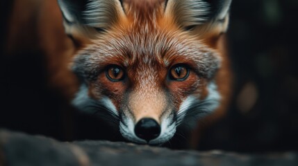 Obraz premium A close-up view of a red fox intently staring at something in its environment, highlighting its predatory nature and acute sense of awareness and curiosity.