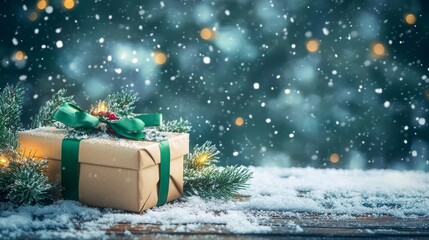 Two green boxes with bows on top of a snowy background