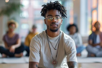 Fototapeta premium A young man with dreadlocks and glasses sits in a relaxed pose, looking directly at the camera, surrounded by a group of people.